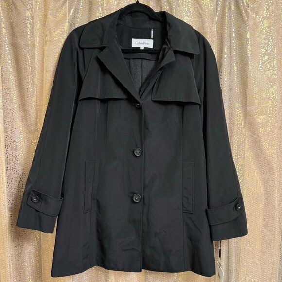Calvin Klein Womens Black Hooded Waterproof Rain Trench Jacket Med NWT - Picture 1 of 8
